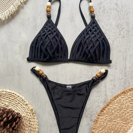 Sexy marrone bikini set 2026 donne perle cinturino foro fuori reggiseno push up perizoma costume da bagno brasiliano spiaggia costume da bagno micro costumi da bagno platinumshop
