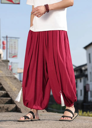 Pantaloni a Gamba Larga Stile Etnico per Uomo, Pantaloni in Lino Comodi e Traspiranti, Pantaloni da Ballo, Abbigliamento Casual Quotidiano, Pantaloni Hanfu, Taglie Fino a 8XL