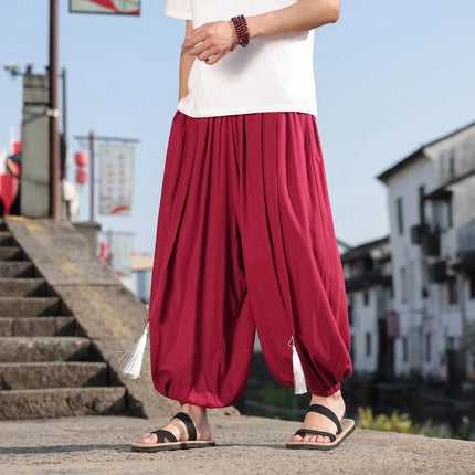 Pantaloni a Gamba Larga Stile Etnico per Uomo, Pantaloni in Lino Comodi e Traspiranti, Pantaloni da Ballo, Abbigliamento Casual Quotidiano, Pantaloni Hanfu, Taglie Fino a 8XL