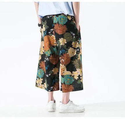 Pantaloncini da uomo estivi Stampa Pantaloni da spiaggia traspiranti a gamba larga Pantaloni larghi casual alla moda Vita elastica Comodi pantaloni al polpaccio da uomo