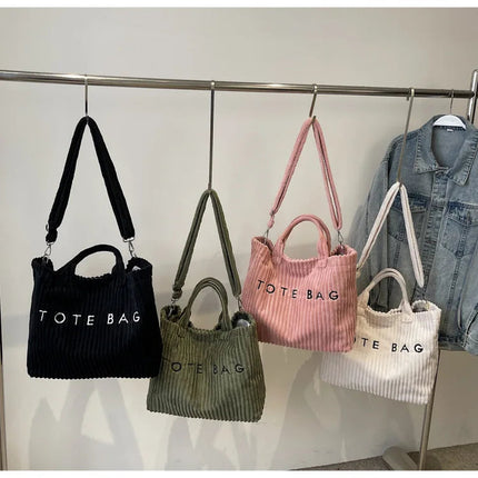 Large Capacity Striped Velvet Handbag Shoulder Bag for Woman Handbags Crossbody Bags, Versatile Letter Corduroy Women's Tote Bag PlatiNum