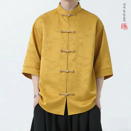 Camicie Estive da Uomo di Lusso in Jacquard Traspirante a Maniche Corte, Stile Cinese Tradizionale Kung Fu Tai Chi, Camicia Casual da Uomo