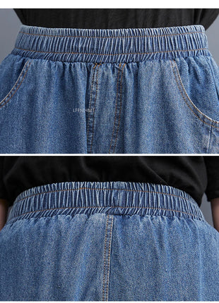 Jeans Vintage tinta unita da donna moda estiva pantaloni larghi in Denim elasticizzato in vita femminile pantaloni Harem alla caviglia stile giapponese