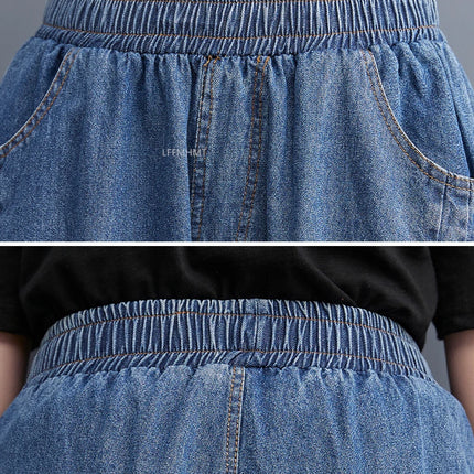 Jeans Vintage tinta unita da donna moda estiva pantaloni larghi in Denim elasticizzato in vita femminile pantaloni Harem alla caviglia stile giapponese