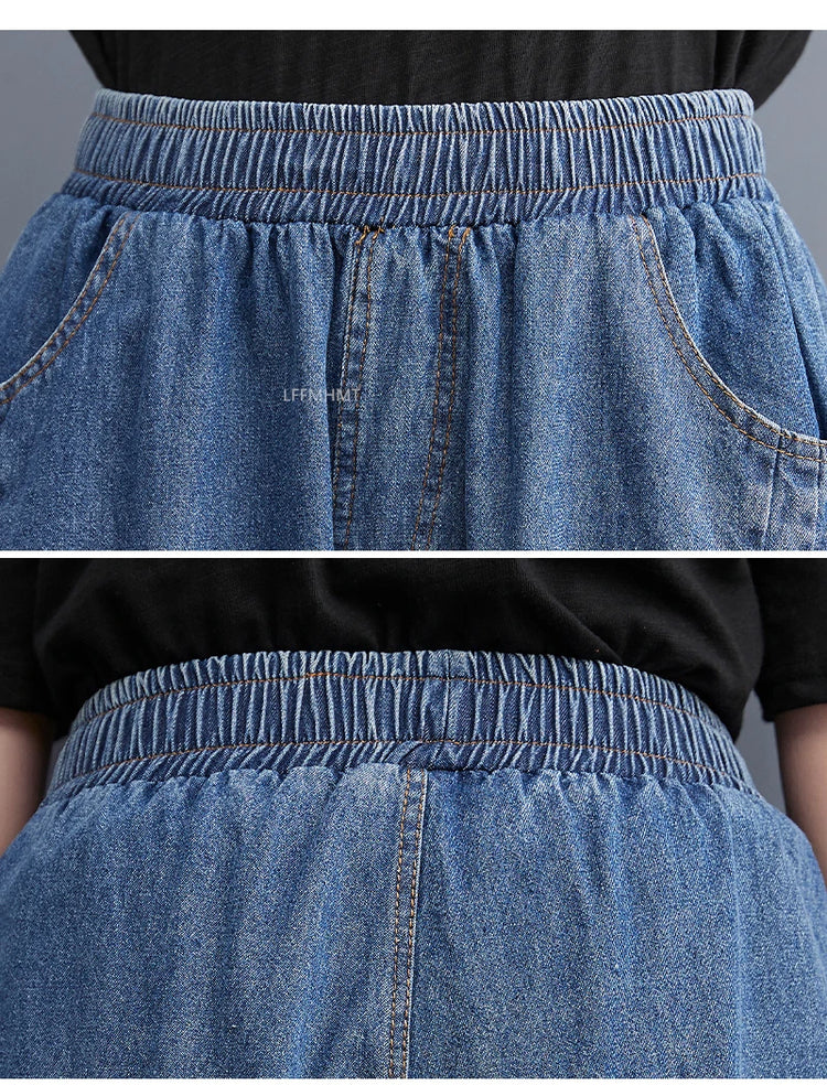 Jeans Vintage tinta unita da donna moda estiva pantaloni larghi in Denim elasticizzato in vita femminile pantaloni Harem alla caviglia stile giapponese