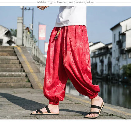 Vendite calde Pantaloni Da Uomo 2024 Nuovo Drago di Seta del Ghiaccio Fiore Scuro Bloomers Moda Allentata Gamba Larga Casual di Alta Qualità Pantaloni Maschili di Marca