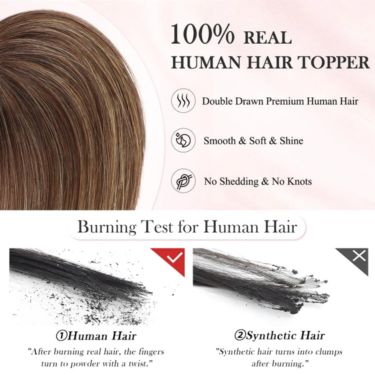 Brown Real Human Hair Toppers with Air Bangs 8inch Hairs Topper Hand-Tied Lace Base 360° Coverage for Women with Thinning Hair