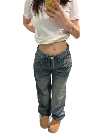 Jeans Baggy Y2K da Donna a Vita Bassa, Gamba Larga, in Denim Lavato Vintage, Pantaloni Larghi Streetwear con Dettaglio Unico Tasca Posteriore