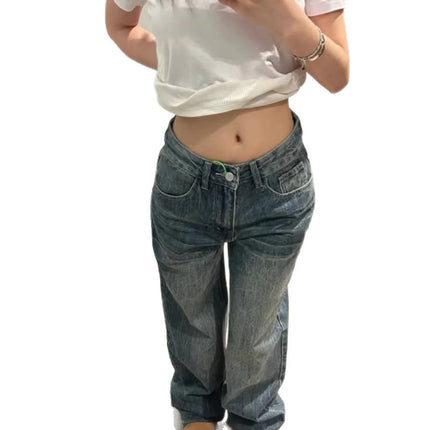 Jeans Baggy Y2K da Donna a Vita Bassa, Gamba Larga, in Denim Lavato Vintage, Pantaloni Larghi Streetwear con Dettaglio Unico Tasca Posteriore