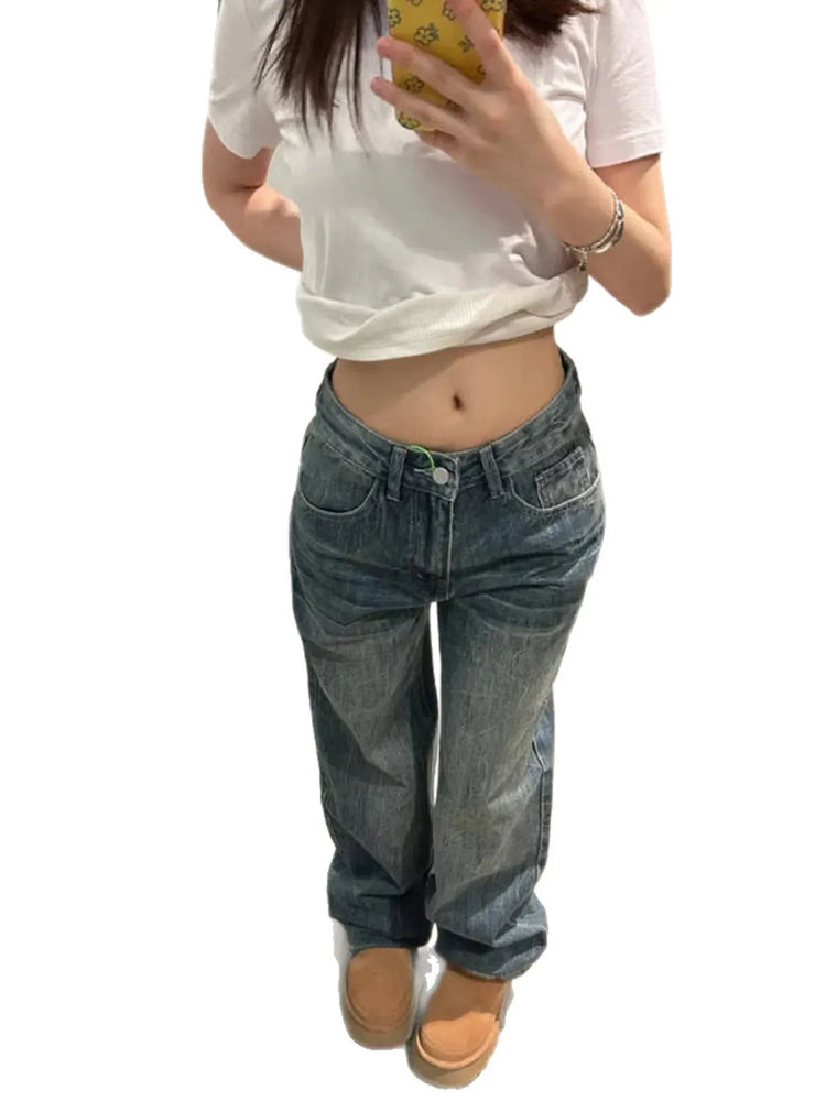 Jeans Baggy Y2K da Donna a Vita Bassa, Gamba Larga, in Denim Lavato Vintage, Pantaloni Larghi Streetwear con Dettaglio Unico Tasca Posteriore