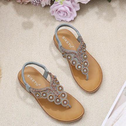 New 2026 Women's Summer Bohemian Style Sandals, Flip-Flop Design with Beaded and Rhinestone Buckle, Elastic Heel Strap, Comfortable Everyday Shoes