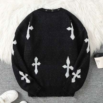Trendy Street Style Ripped Cross Pattern Pullover Ripped Sweater Casual Crew Neck Knit Men's Pullover
