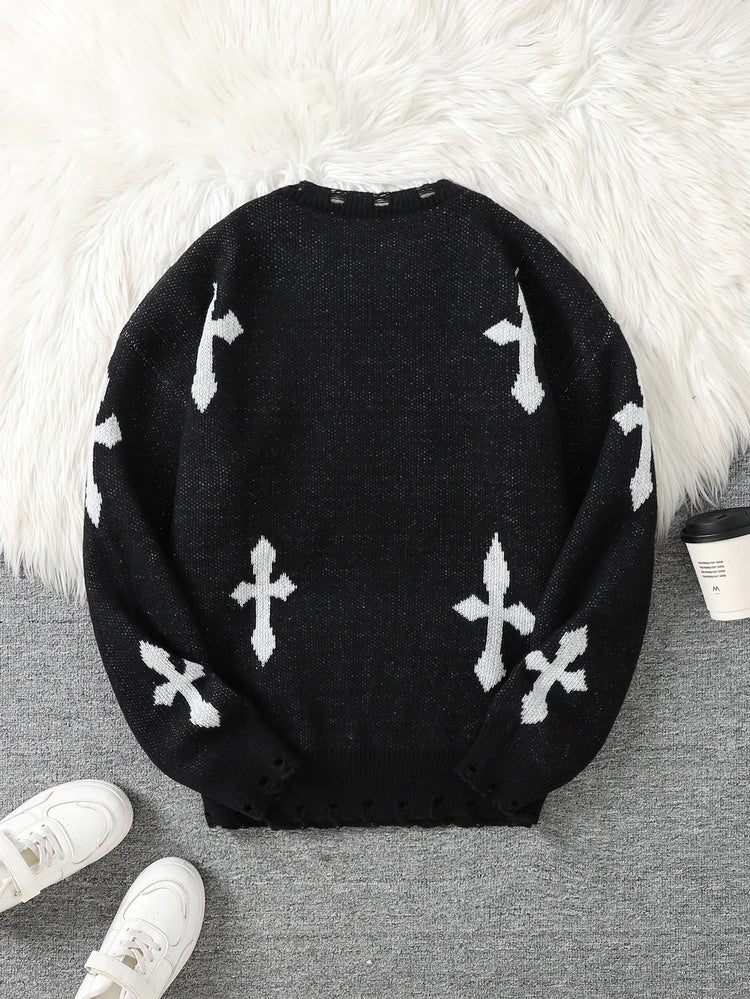 Trendy Street Style Ripped Cross Pattern Pullover Ripped Sweater Casual Crew Neck Knit Men's Pullover