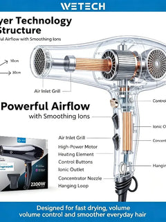WETECH 2200W Professional Negative Ionic Hair Dryer Dual Voltage 100-240V Adjustable Hot Cool Wind Blow Dryer With Concentrator Nozzle Salon Home Hair Styling Tool