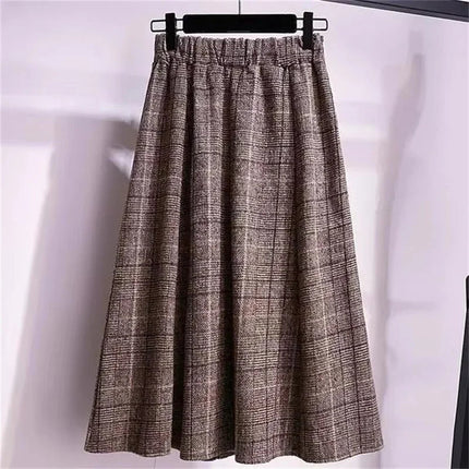 Large Size Women's Autumn Winter Elastic Waist A-line Skirt Woman Skirts Faldas Jupe Korean Retro Plaid Mid-Long Skirts Size 4XL PlatiNum