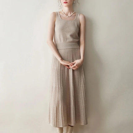 Autumn Winter Women Tiered Skirt Cashmere A-line Pleated Skirt Elastic Waist 100% Cashmere Knitted High Quality Soft Solid Dress PlatiNum
