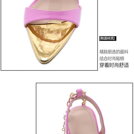 New Summer Sandals Women Fashion Gold Chain Ankle Strap Sexy Peep Toe Ladies Metal High Heels Sandals Woman Party Shoes Pumps PlatiNum