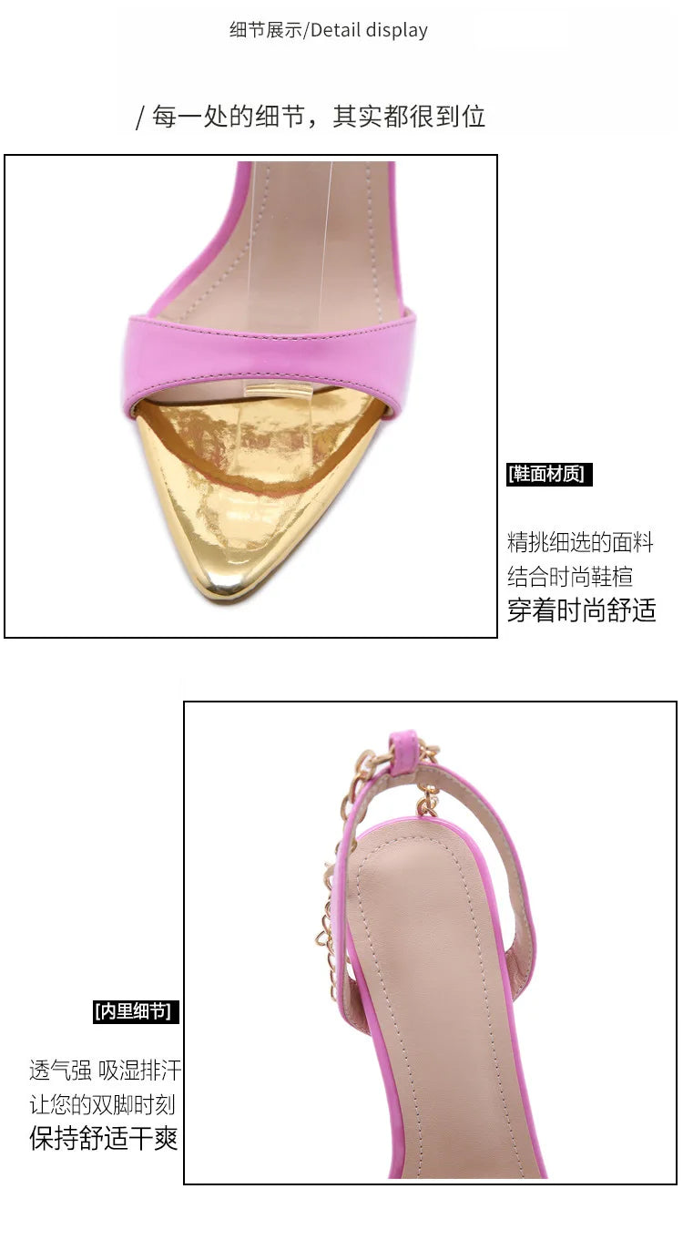 New Summer Sandals Women Fashion Gold Chain Ankle Strap Sexy Peep Toe Ladies Metal High Heels Sandals Woman Party Shoes Pumps PlatiNum