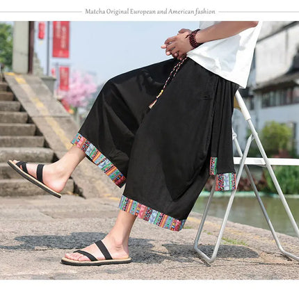 Pantaloncini kimono giapponese Costume da samurai in lino da uomo Ukiyo-e Cintura con stampa Pantaloni a gamba larga Retro Haori Pantaloni casual larghi Harajuku da uomo