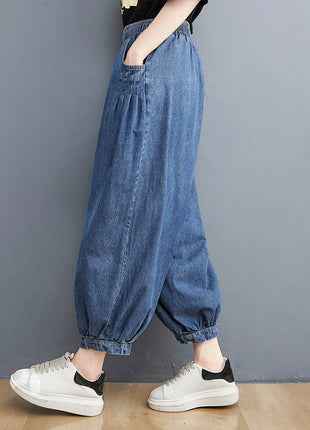 Jeans Vintage tinta unita da donna moda estiva pantaloni larghi in Denim elasticizzato in vita femminile pantaloni Harem alla caviglia stile giapponese
