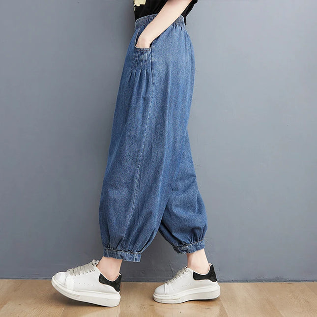 Women's Vintage Solid Color Jeans Summer Fashion Elastic Waist Denim Wide Leg Pants Female Harem Ankle Pants Japanese Style