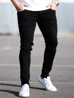 Spring Mens Black Blue Pants Pure Color Stretch Jeans Street Casual Slim Fit Trousers Male Vintage Wash Skinny Jeans for Men