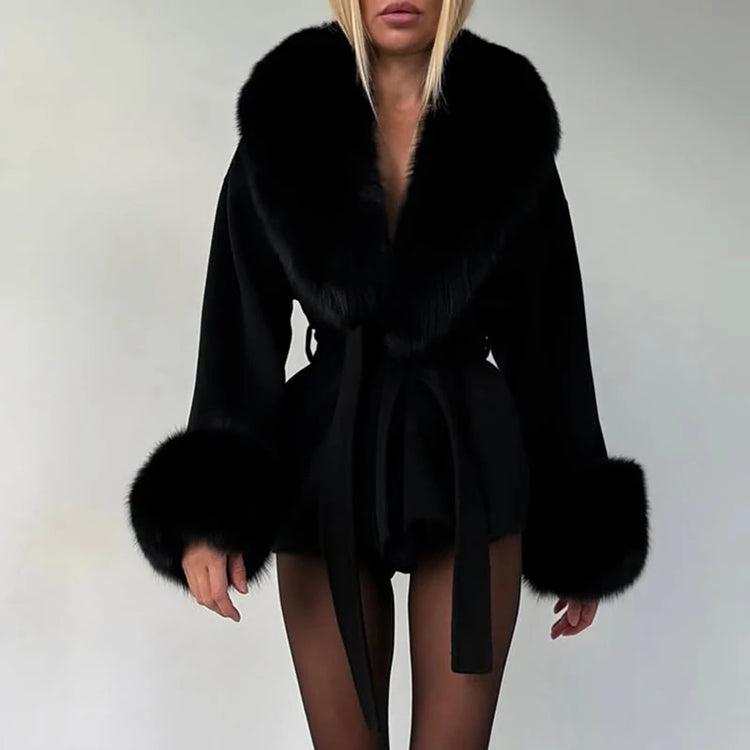 TARUXY Women Luxurious Faux Fox Fur Collar Long Jacket Elegant Solid Long-Sleeved Loose Lace Up Street Warm Coat 2026 Winter New