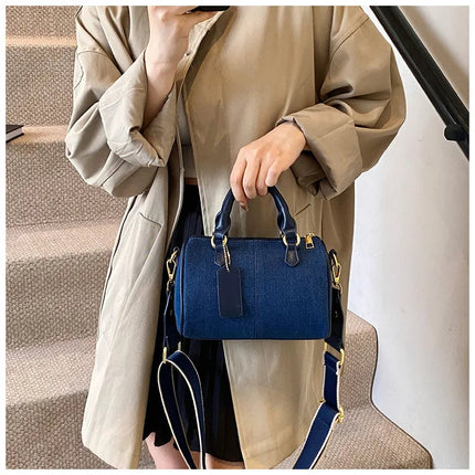 Patchwork Colorblock Mini Handbags For Women Denim Shoulder Cross Body Bags Casual Street Small Boston Bag 2025 Designer Purses PlatiNum