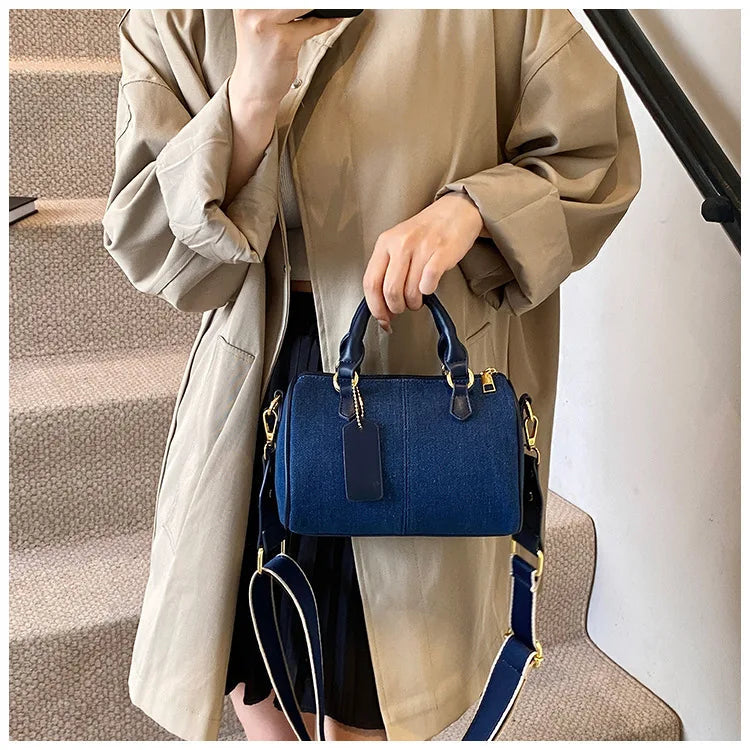 Patchwork Colorblock Mini Handbags For Women Denim Shoulder Cross Body Bags Casual Street Small Boston Bag 2025 Designer Purses PlatiNum