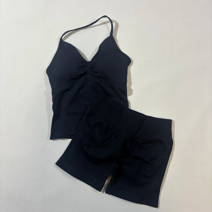 Yoga 2pcs Impact Gym Set Women Backless Tank Tops High Waist Scrunch Seamless Shorts Fitness Clothes Activewear Workout Sets