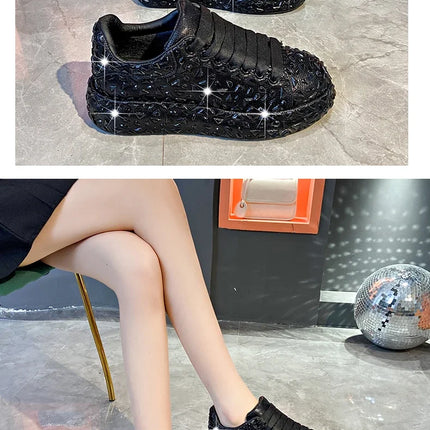 2025 Autumn Leather Women Shoes New Style Fashion Platform Shoes Ins Platforms Sneakers Tide Shine Bling Rhinestone Shoes