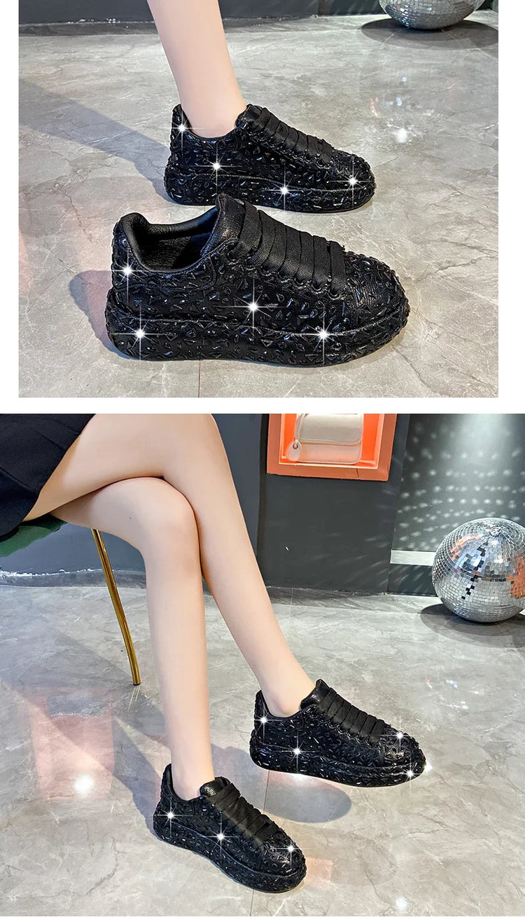 2025 Autumn Leather Women Shoes New Style Fashion Platform Shoes Ins Platforms Sneakers Tide Shine Bling Rhinestone Shoes