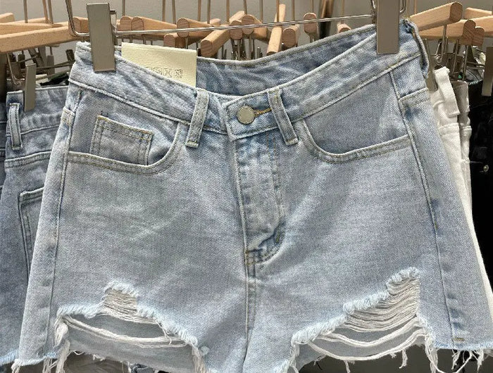 Nuovi Shorts in Denim da Donna con Bordi Grezzi, Modello Ampio a Trapezio, Strappati, a Vita Alta, Hot Pants - platinumshop