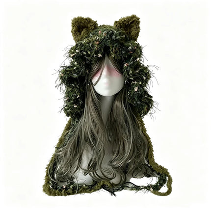 Custom Handmade Crochet Moss Green Fox Ear Hat Women Plush Floral Knitted Beanie Men Goblincore Cosplay Forest Winter Warm Hood