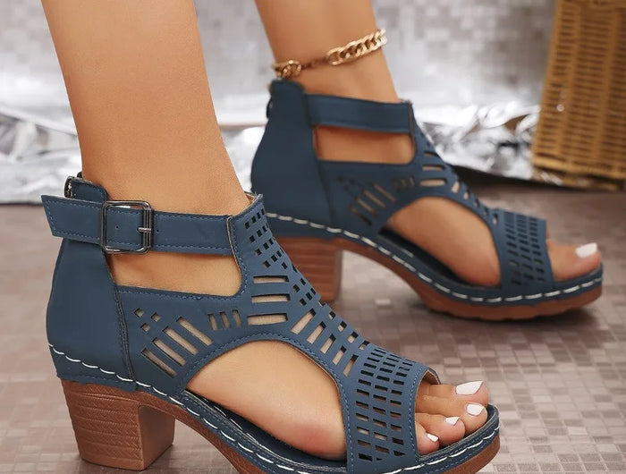 Women's Sandals 2026 New Summer Breathable Hollow Thick Heel Sandals Women's Retro Roman Style High Heel Sandals