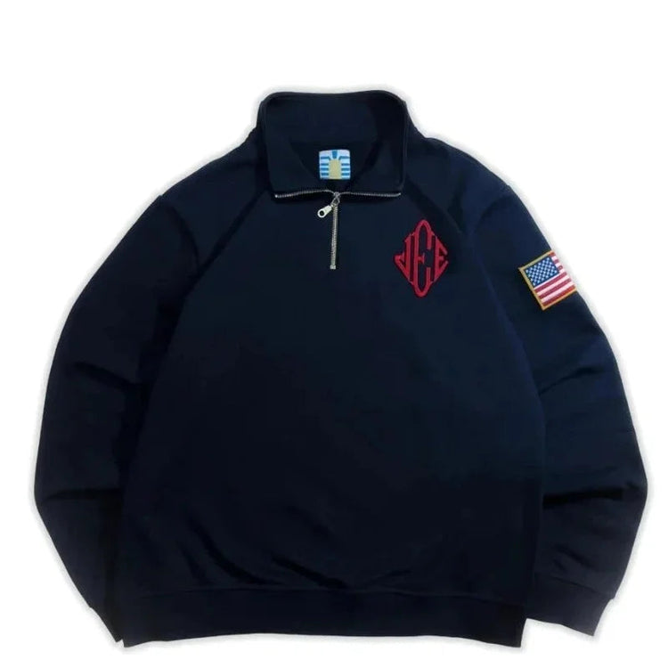 Men Retro Half-Zip Tracksuit Suit Cool Pattern Embroidery Streetwear Casual Fashion Stand Collar Zipneck Hoodie Daily Sweatpants PlatiNum