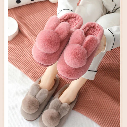 Thick Sole Winter Plush Slippers Cozy Faux Rabbit Fur Indoor House Shoes for Women & Men Couple Matching Slides with Closed Back