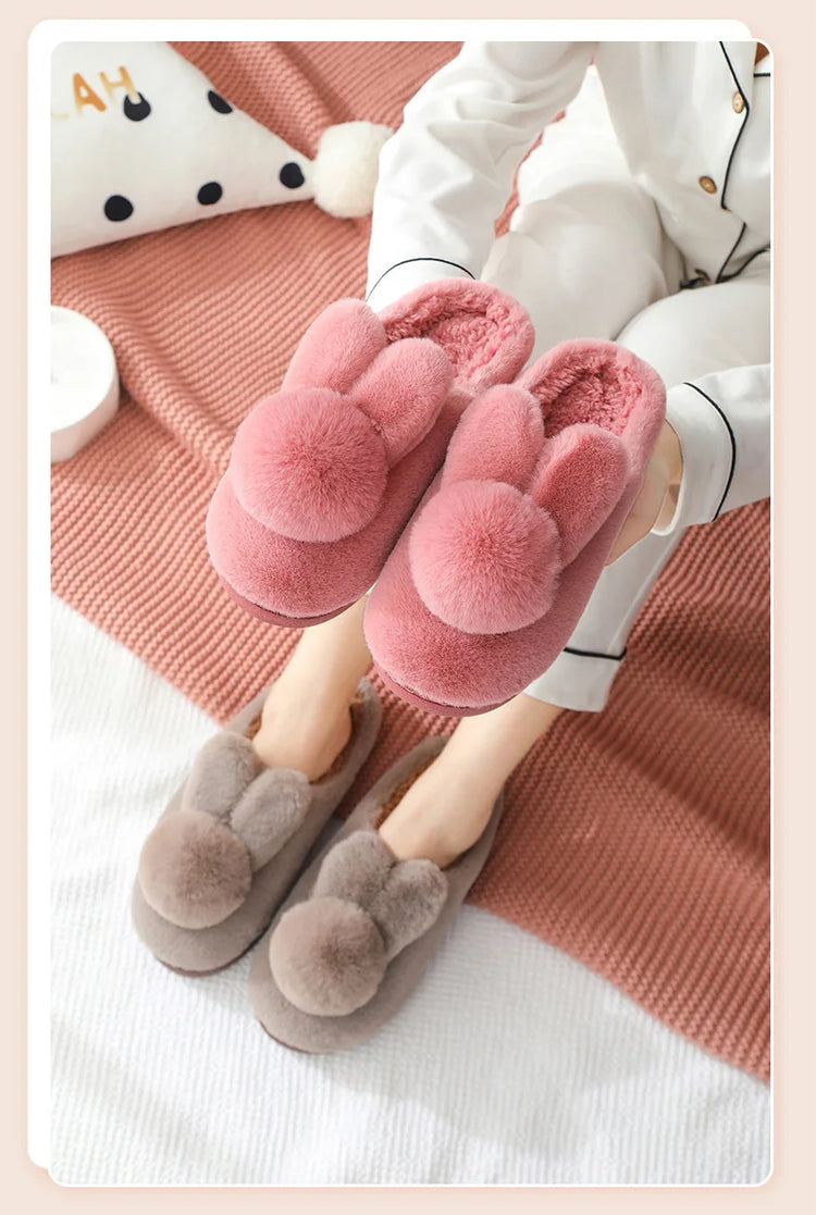 Thick Sole Winter Plush Slippers Cozy Faux Rabbit Fur Indoor House Shoes for Women & Men Couple Matching Slides with Closed Back