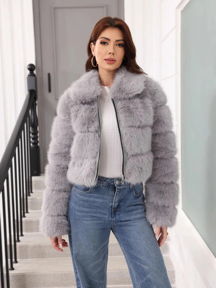 ZADORIN 2025 Chic Winter Fur Coats Woman Spliced Cropped Fluffy Faux Fur Jacket Woman Lapel Zipper Fox Fur Faux Coat Y2K Clothes