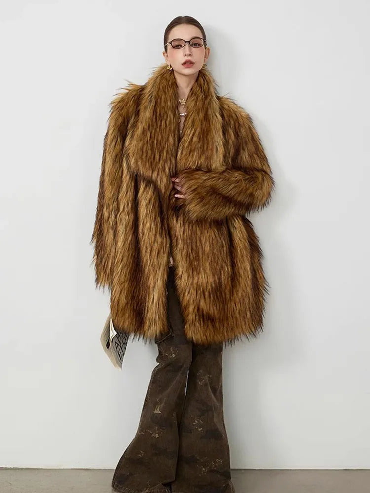 ZADORIN New in Coats & Jackets Luxury Winter Clothes Woman Lapel Long Brown Faux Fur Coat Loose Fluffy Jacket Woman Fur Coats