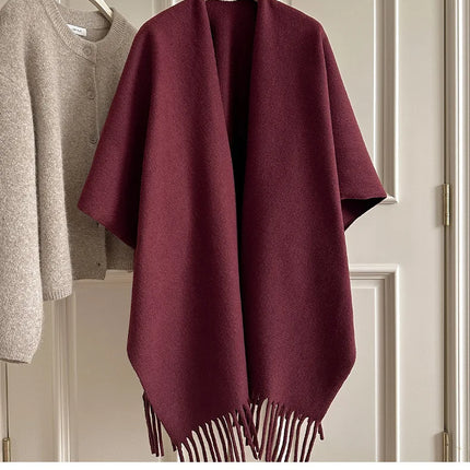 Women Split‑Open Woolen Tassel Poncho Shawl Thick Warm Cape Coat Autumn Winter Travel Photography Outer Wrap
