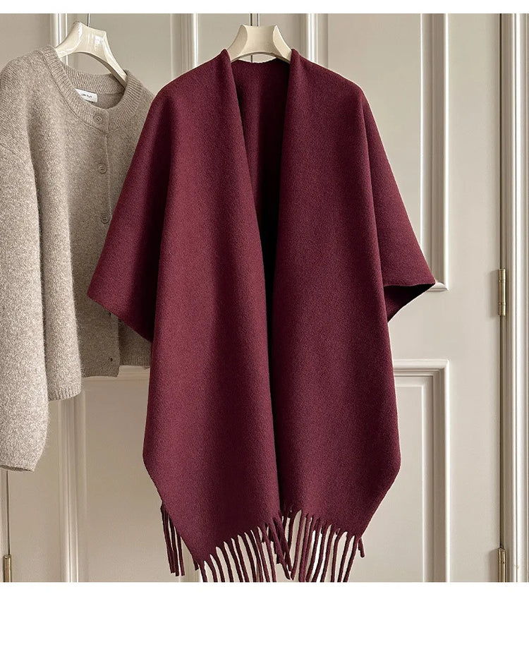 Women Split‑Open Woolen Tassel Poncho Shawl Thick Warm Cape Coat Autumn Winter Travel Photography Outer Wrap