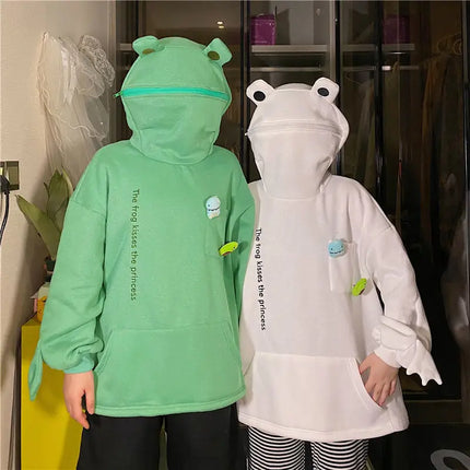 Y2K Autumn Winter Unisex Cartoon Frog Fleece Hoodies Loverly Zipper Loose Warm Sweatshirt Full Sleeve Harajuku Hooded Jackets