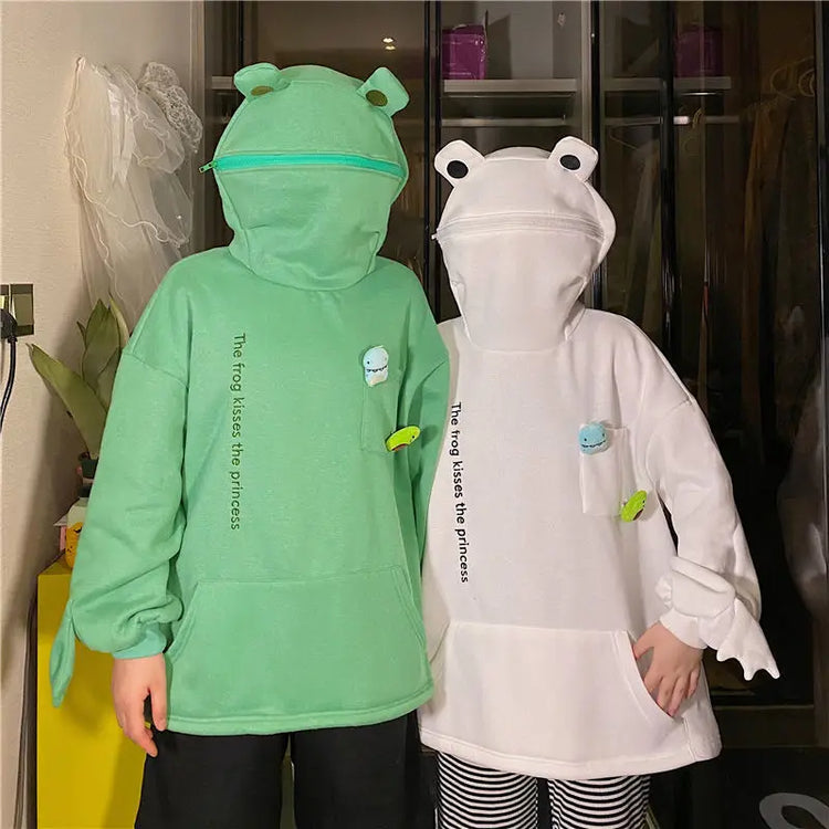 Y2K Autumn Winter Unisex Cartoon Frog Fleece Hoodies Loverly Zipper Loose Warm Sweatshirt Full Sleeve Harajuku Hooded Jackets