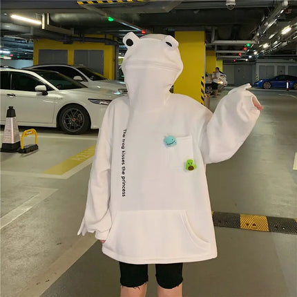 Y2K Autumn Winter Unisex Cartoon Frog Fleece Hoodies Loverly Zipper Loose Warm Sweatshirt Full Sleeve Harajuku Hooded Jackets