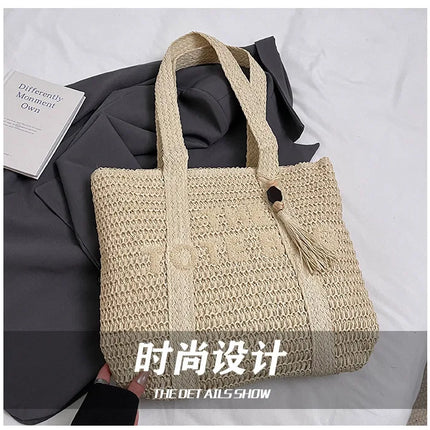 Women's Large Capacity French Style Woven Straw Bag, New Beach Vacation Crossbody Bag, Casual Commuter Tote Bag