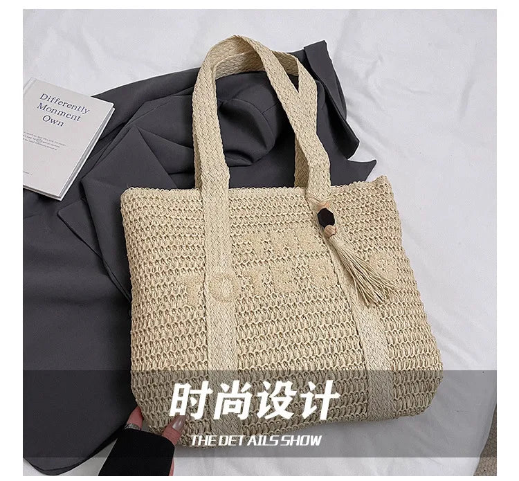Borsa da donna in paglia intrecciata di grande capacità in stile francese, nuova borsa a tracolla per vacanze al mare, borsa tote da pendolarismo casual