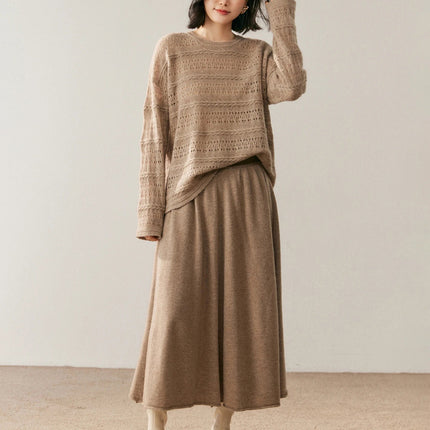 Women's 100% Pure Cashmere Skirt Autumn Winter Mid-calf A-line Knitted Full Skirt High Waist Soild Dress Elegant Basic High-end PlatiNum