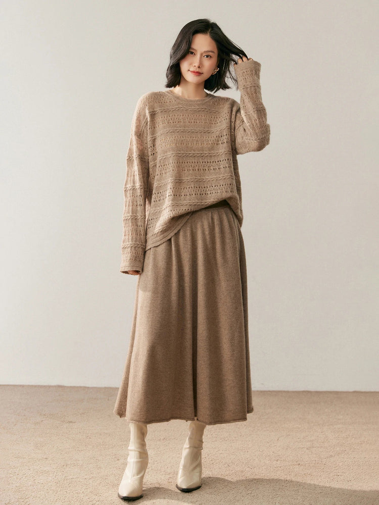 Women's 100% Pure Cashmere Skirt Autumn Winter Mid-calf A-line Knitted Full Skirt High Waist Soild Dress Elegant Basic High-end PlatiNum