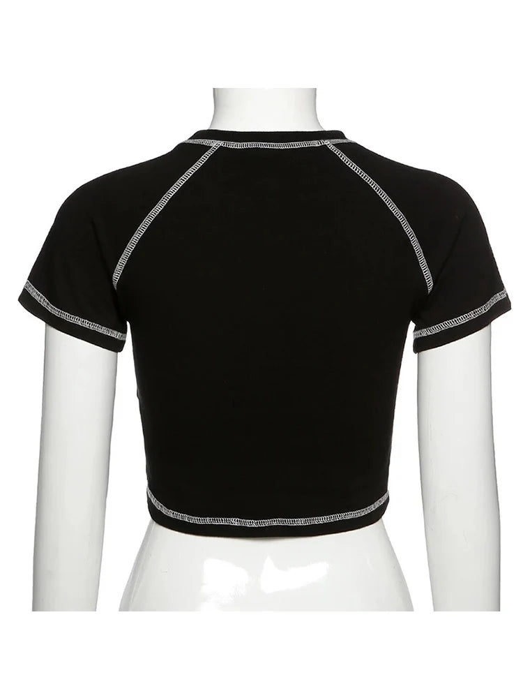 Y2K nero dolce ragazza slim stampa teschio divertente grafica vintage vestiti crop top E-girl